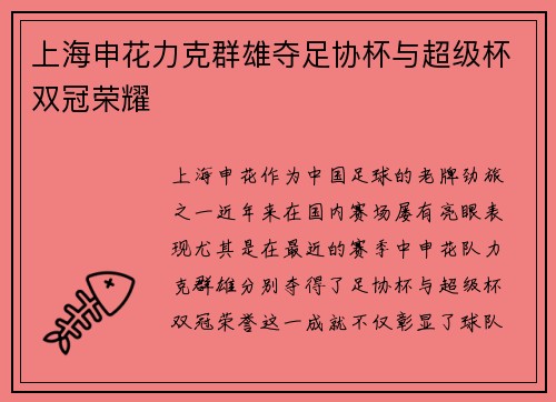 上海申花力克群雄夺足协杯与超级杯双冠荣耀 上海申花力克群雄夺足协杯与超级杯双冠荣耀